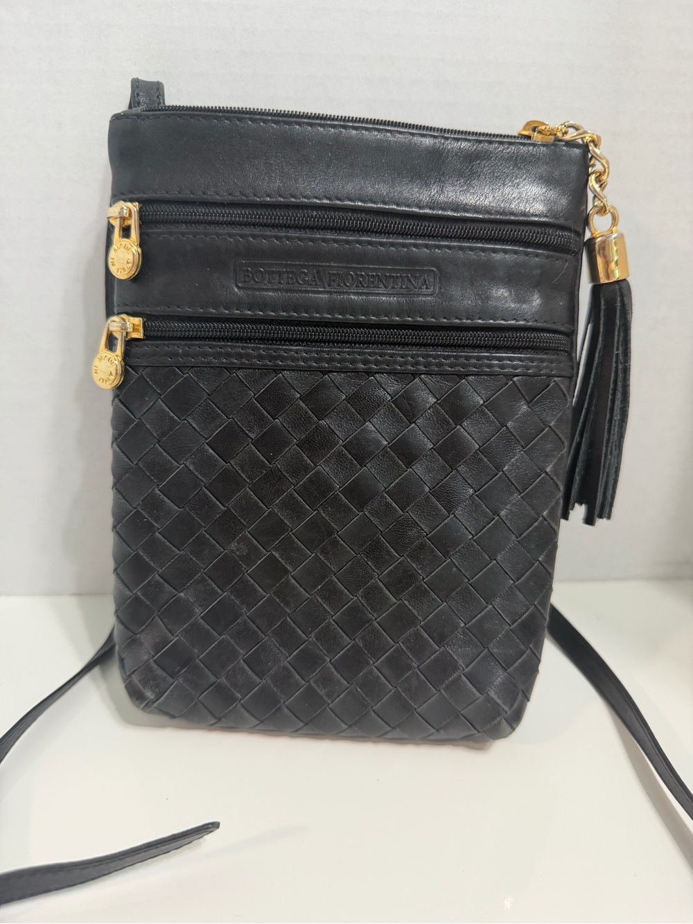Bottega Fiorentina Black Intrecciato Leather Crossbody with Tassel Chain